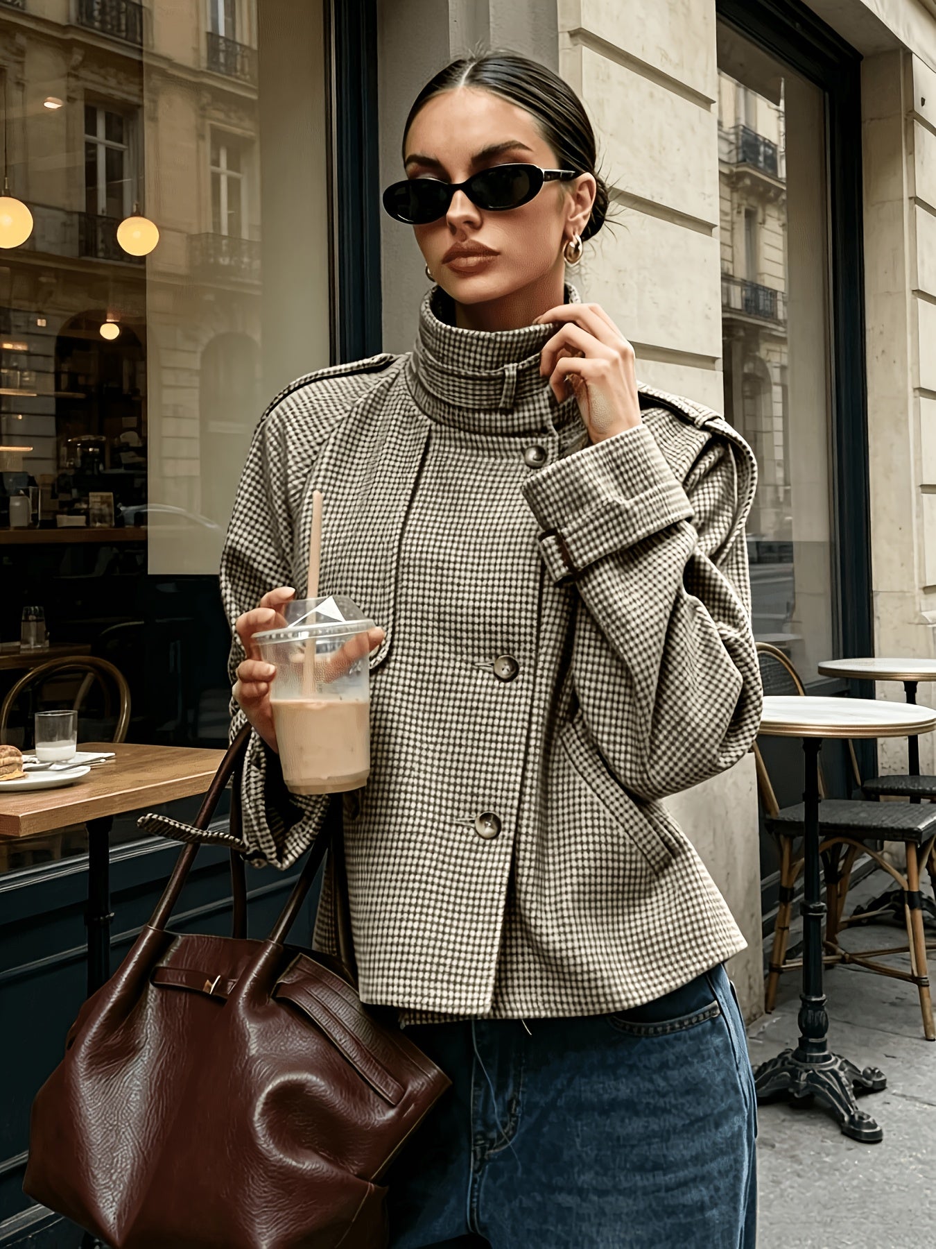 Odile | Women's Stand-Collar Houndstooth Jacket, Cropped Fit