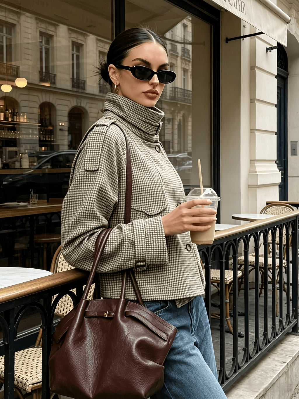 Odile | Women's Stand-Collar Houndstooth Jacket, Cropped Fit