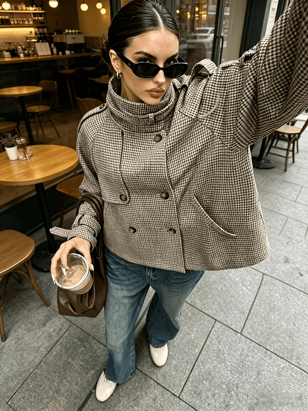 Odile | Women's Stand-Collar Houndstooth Jacket, Cropped Fit