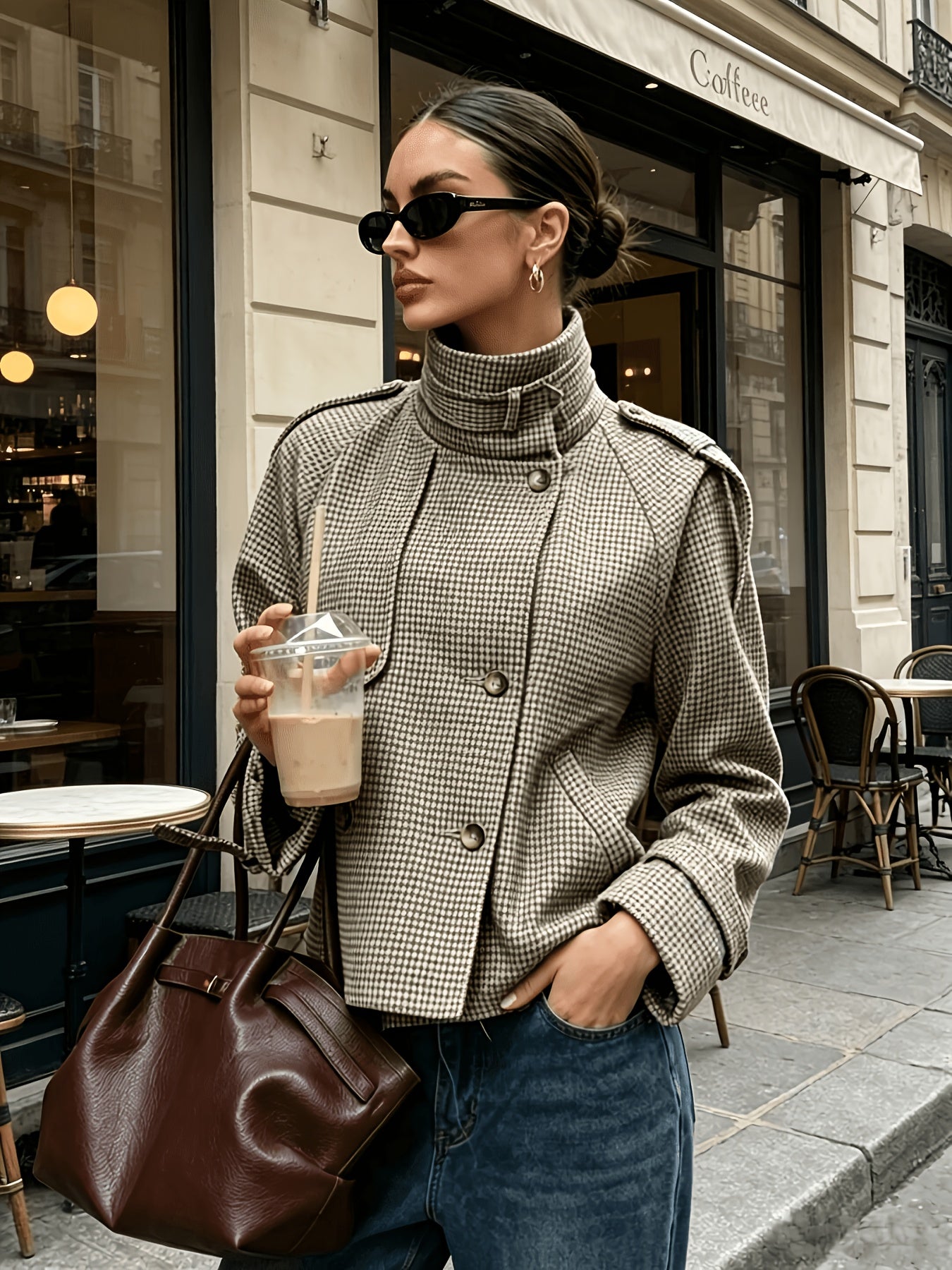 Odile | Women's Stand-Collar Houndstooth Jacket, Cropped Fit