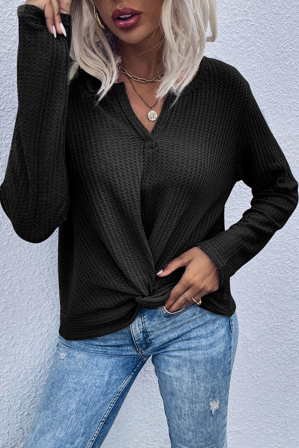 Marnie | Women's Twist Front Waffle Knit Top, Long Sleeve V-Neck