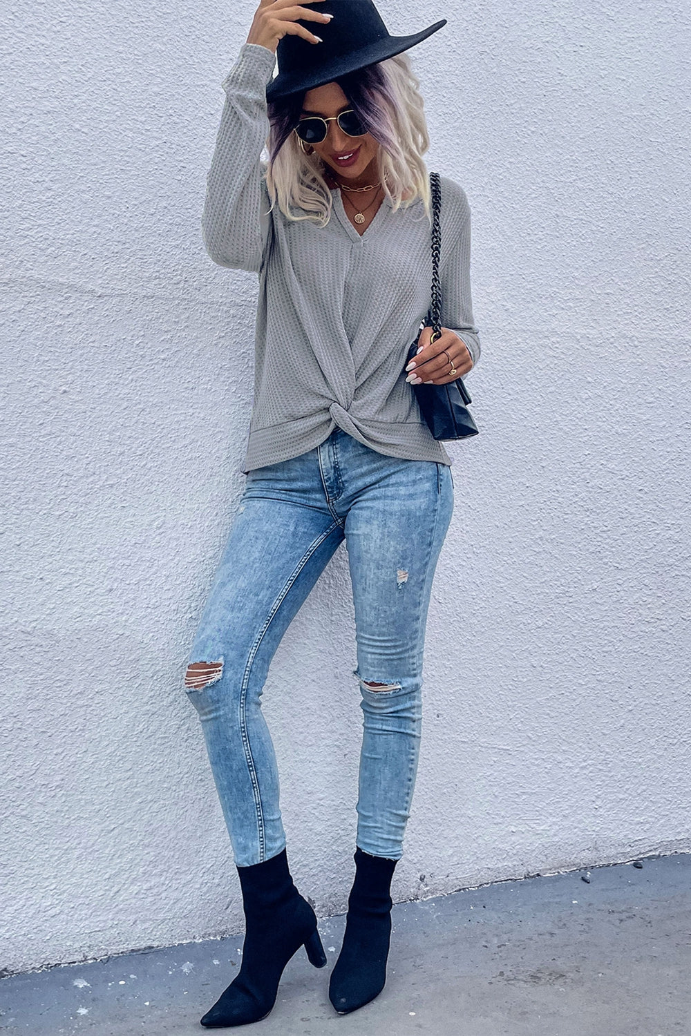 Marnie | Women's Twist Front Waffle Knit Top, Long Sleeve V-Neck