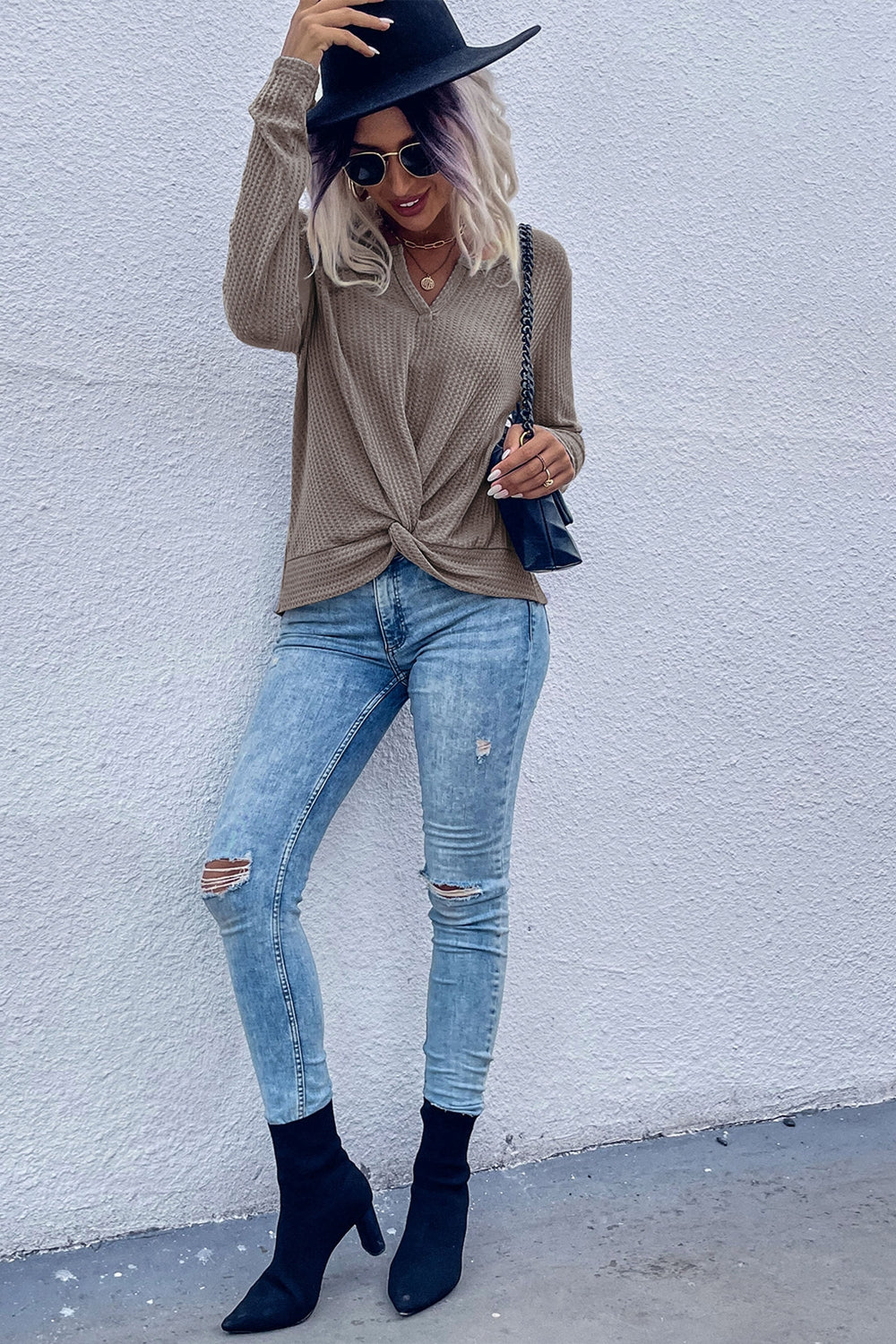 Marnie | Women's Twist Front Waffle Knit Top, Long Sleeve V-Neck