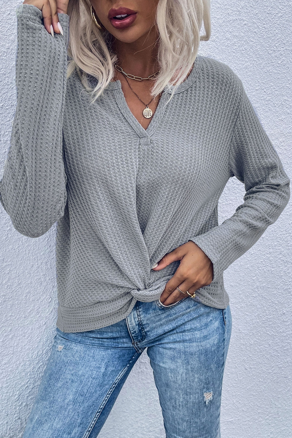 Marnie | Women's Twist Front Waffle Knit Top, Long Sleeve V-Neck