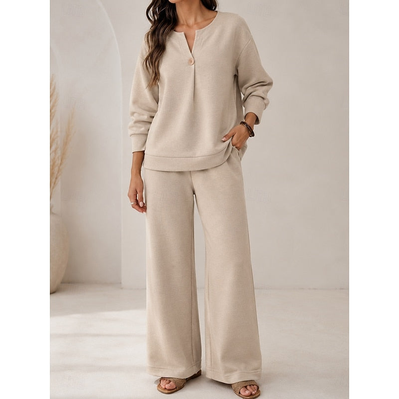 Lorena | Women's Two-Piece Lounge Set, V-Neck Top and Wide-Leg Trousers