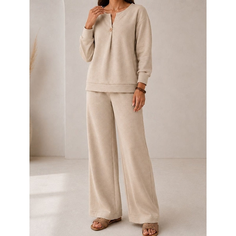 Lorena | Women's Two-Piece Lounge Set, V-Neck Top and Wide-Leg Trousers