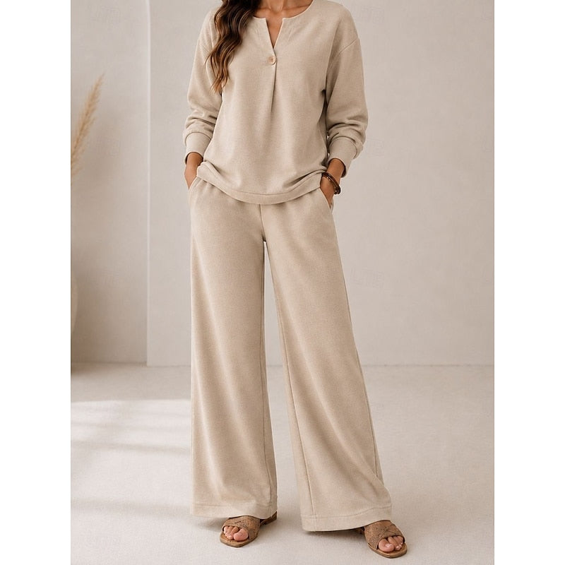Lorena | Women's Two-Piece Lounge Set, V-Neck Top and Wide-Leg Trousers