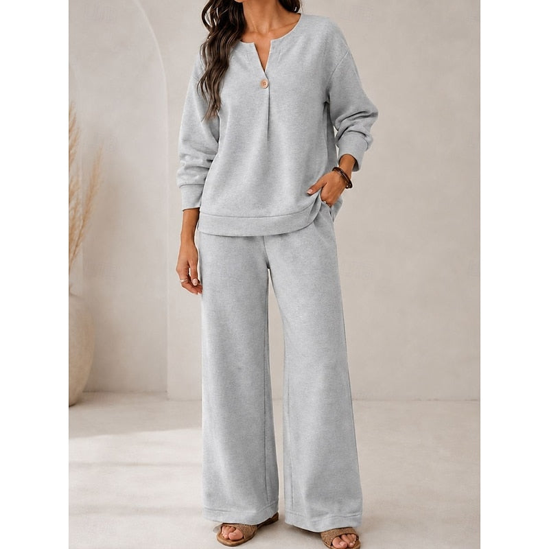 Lorena | Women's Two-Piece Lounge Set, V-Neck Top and Wide-Leg Trousers