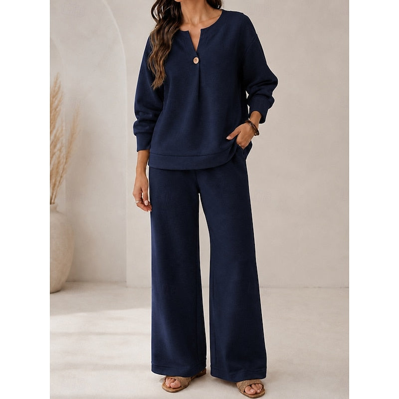 Lorena | Women's Two-Piece Lounge Set, V-Neck Top and Wide-Leg Trousers