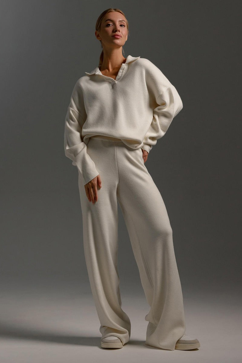 Josephine | Women's Polo Collar Pullover Set, Wide-Leg Co-Ord