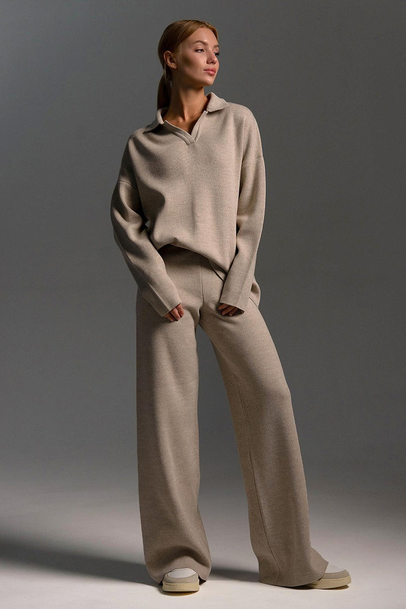 Josephine | Women's Polo Collar Pullover Set, Wide-Leg Co-Ord
