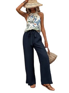 Women's Two-Piece Set with Floral Top and Wide Leg Pants